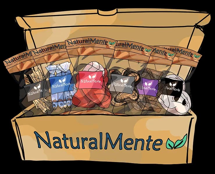 Caja Premium abierta con seis bolsas de masticables naturales